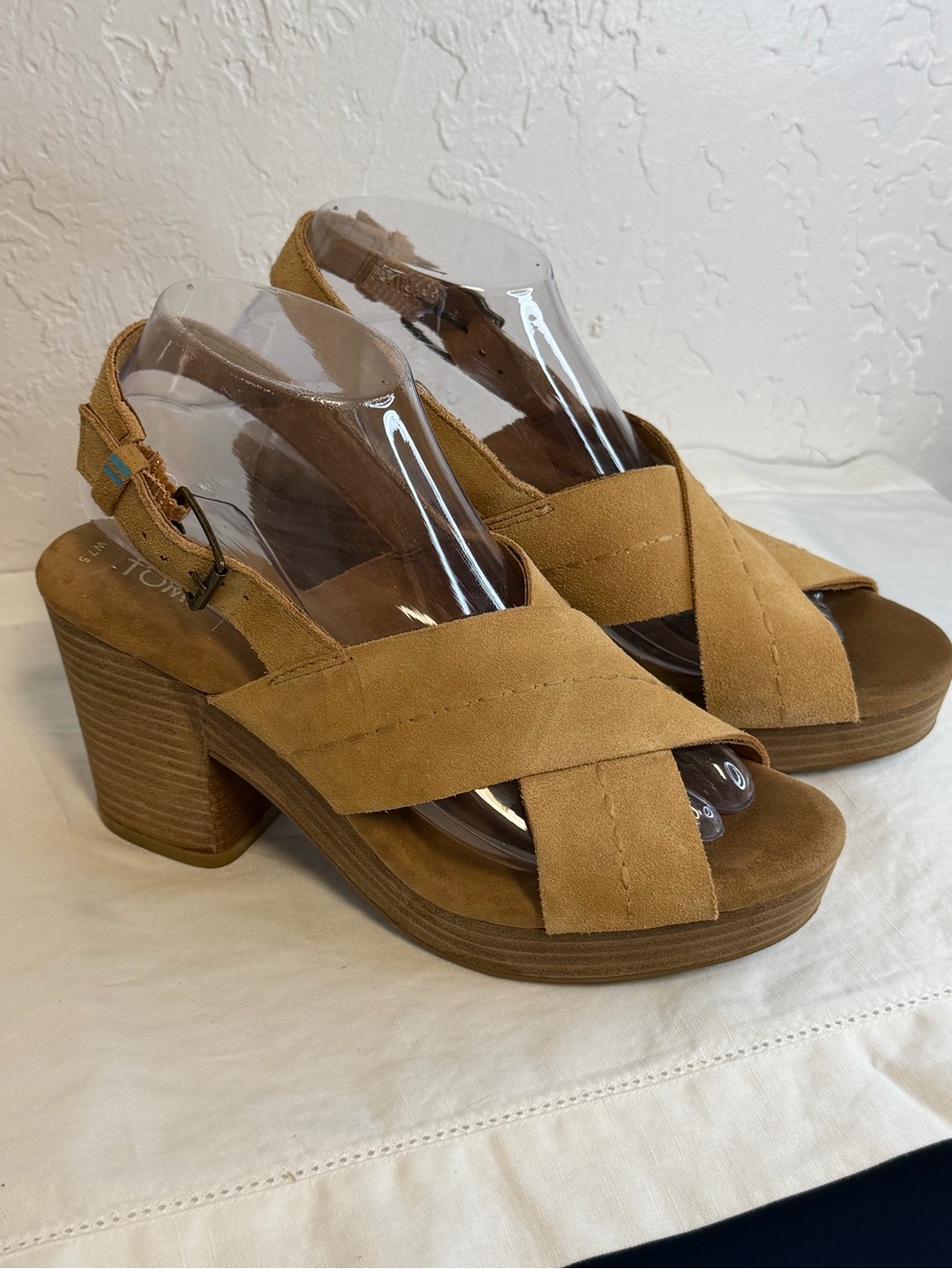 Toms Women's Beige Suede Crisscross Block Heel Sandals